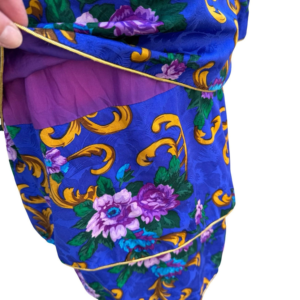 Maggy London Petites Vintage 80s Silk Floral Tiered Dress Blue Gold Size 6P