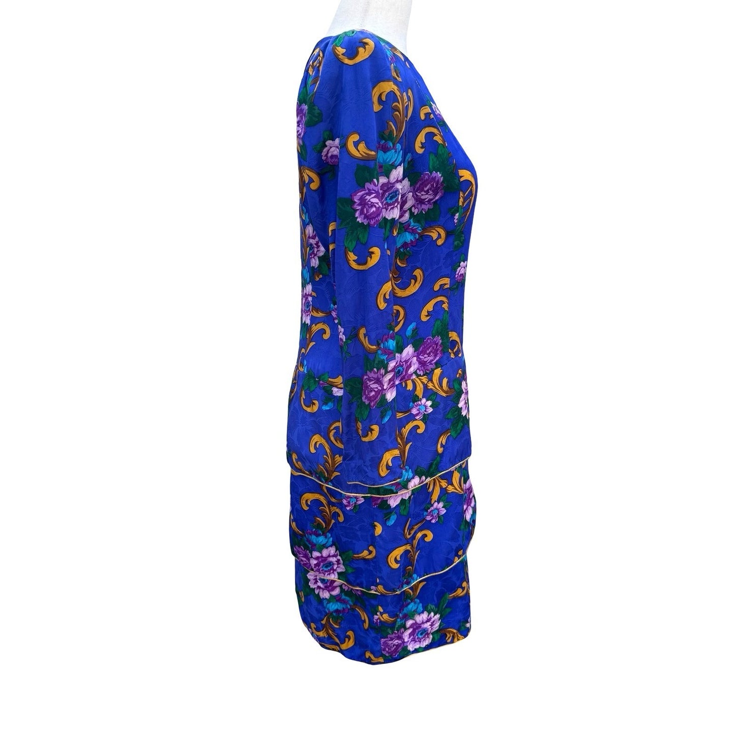 Maggy London Petites Vintage 80s Silk Floral Tiered Dress Blue Gold Size 6P