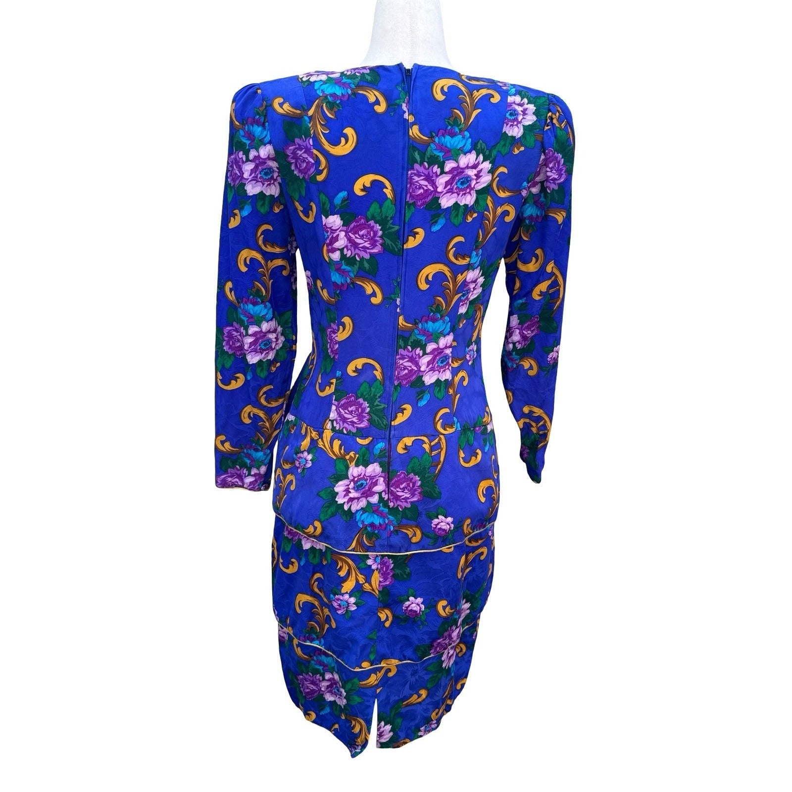Maggy London Petites Vintage 80s Silk Floral Tiered Dress Blue Gold Size 6P