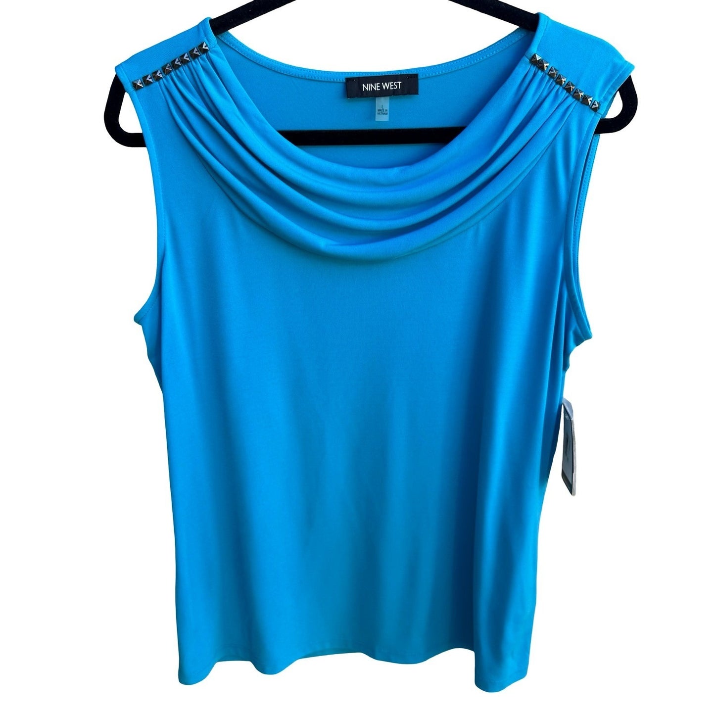 Nine West Professional Edgy Career Cowl Neck Studded Sleeveless Blouse Blue NWT