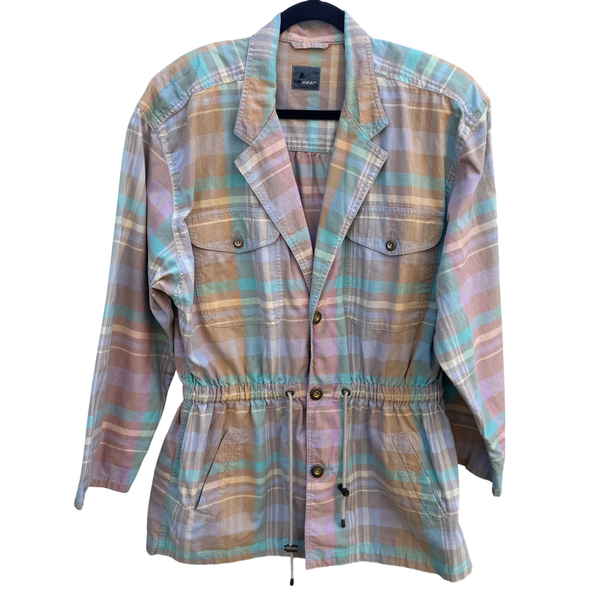 Lizwear Vintage 80s Pastel Plaid Womens Elastic Drawstring Waist Retro Jacket L