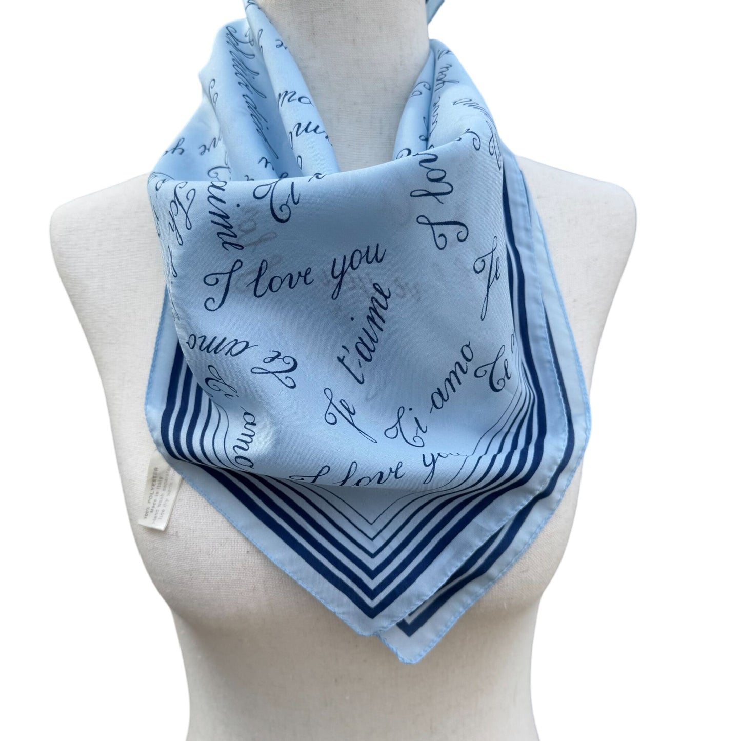 Tura Light Blue "I Love You" Scarf With Multilingual Script & Striped Border