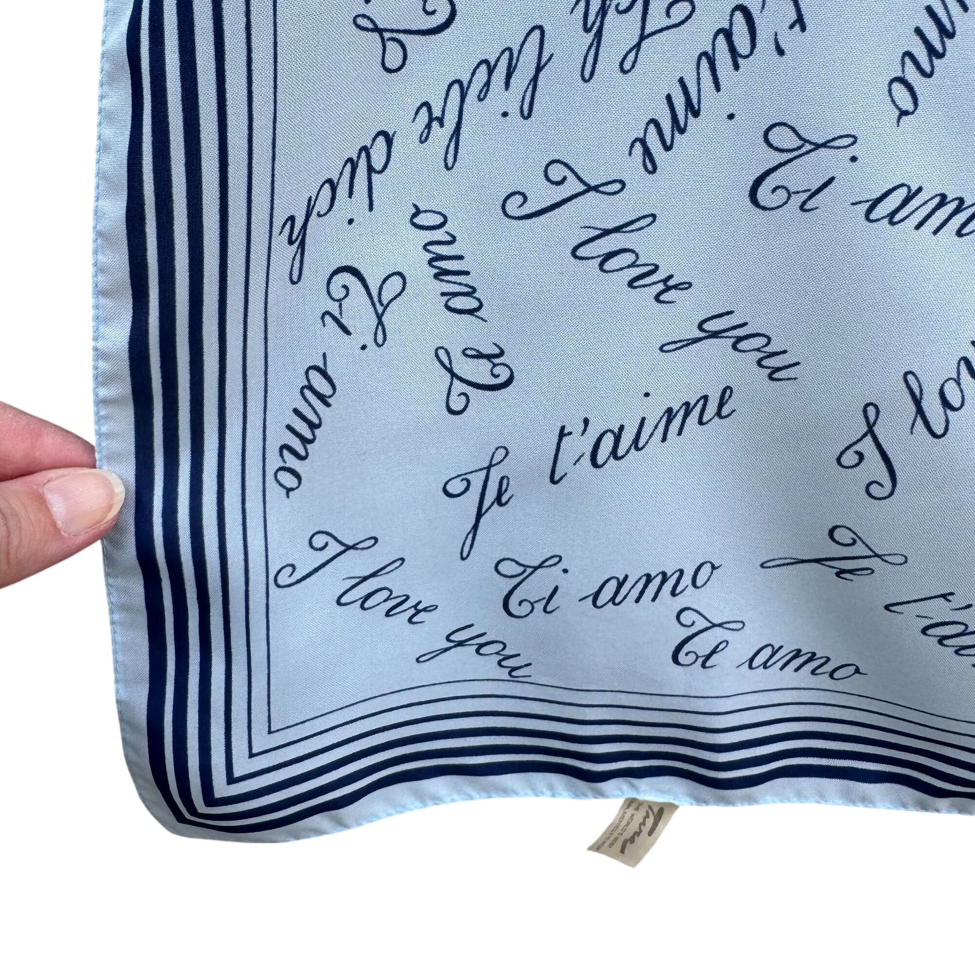 Tura Light Blue "I Love You" Scarf With Multilingual Script & Striped Border