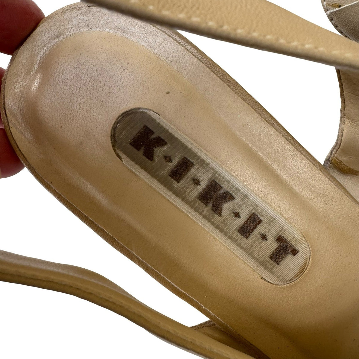 KIKIT Vintage 90s Leather Slingback Block Heel Pointed Toe Beige Womens 10M