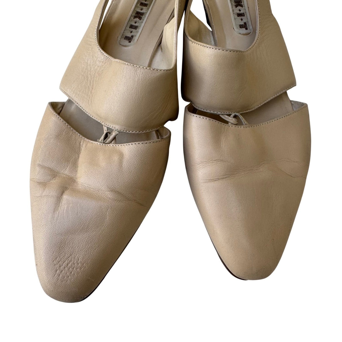 KIKIT Vintage 90s Leather Slingback Block Heel Pointed Toe Beige Womens 10M