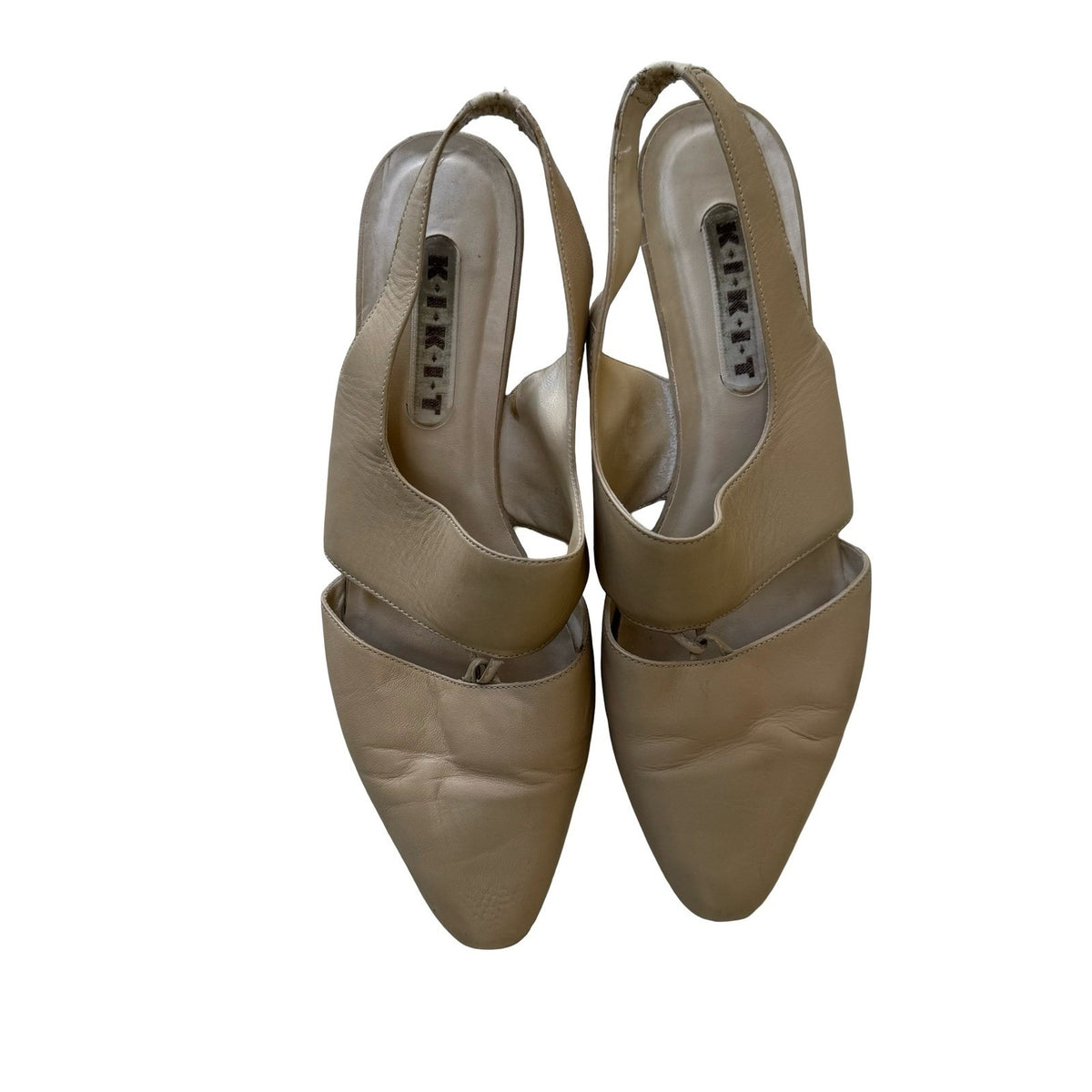 KIKIT Vintage 90s Leather Slingback Block Heel Pointed Toe Beige Womens 10M