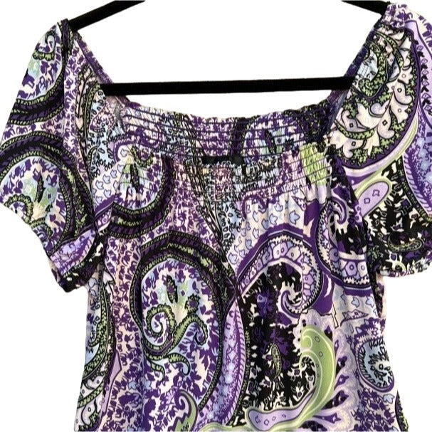 AGB Women's Purple Paisley Tie Waist Smock Neck Off Shoulder Shirt Blouse Top