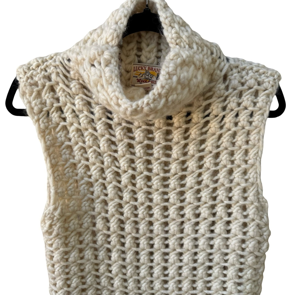 Lucky Brand Woolens Hand Knit Wool Chunky Lattice Turtleneck Sweater Cream L