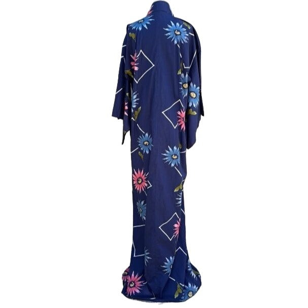 Vintage Japanese Traditional Floral Tall Yukata Kimono Robe - No Obi Or Closure