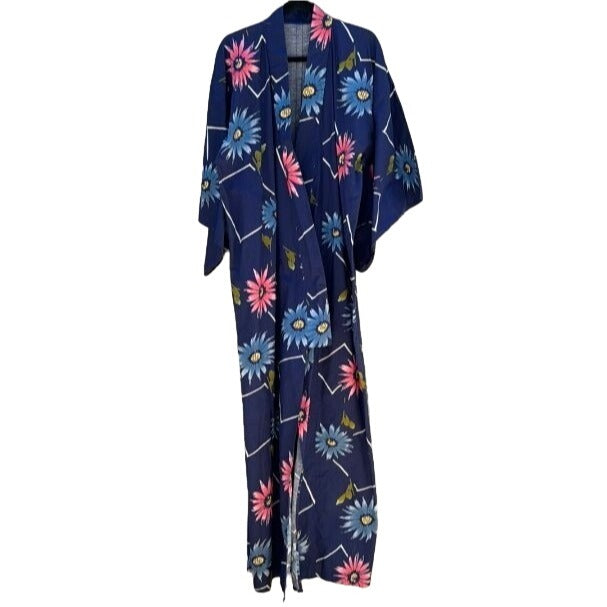 Vintage Japanese Traditional Floral Tall Yukata Kimono Robe - No Obi Or Closure