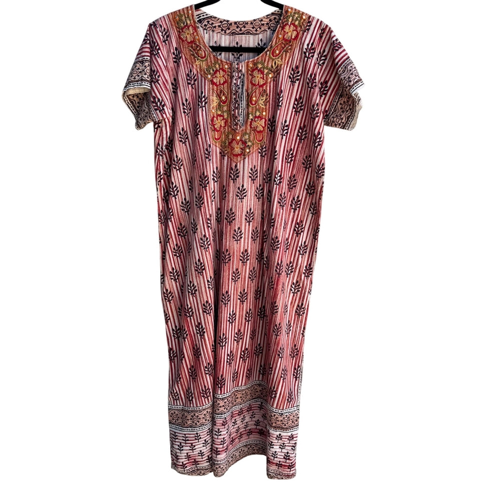 Vintage Embroidery Floral Striped Boho Festival Short Sleeve Kaftan Tunic Dress