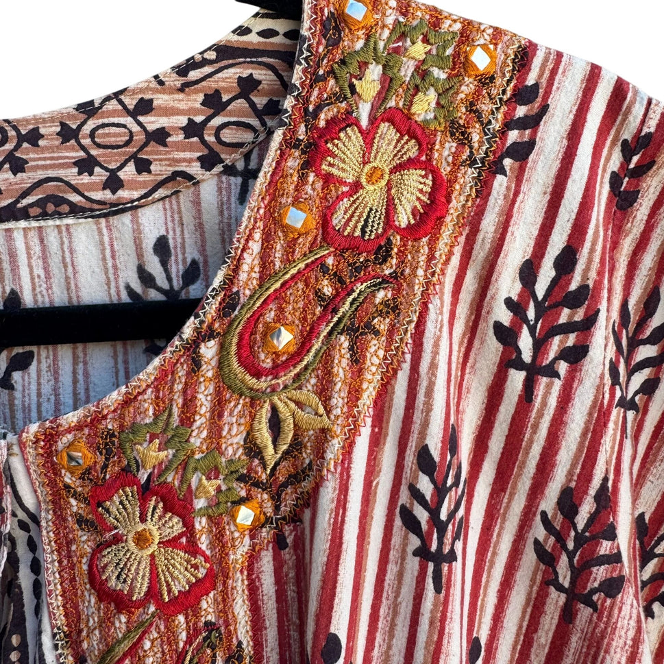 Vintage Embroidery Floral Striped Boho Festival Short Sleeve Kaftan Tunic Dress