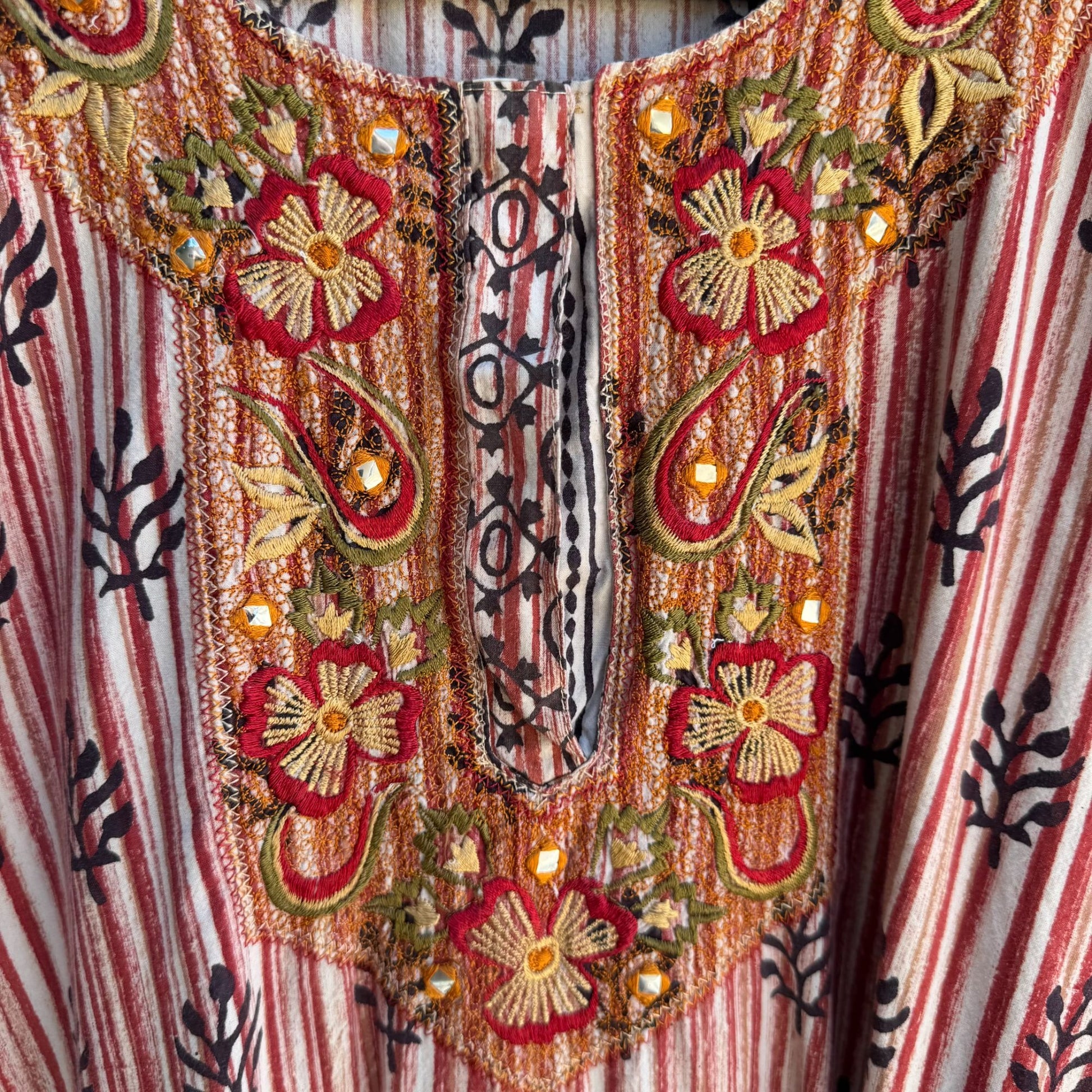 Vintage Embroidery Floral Striped Boho Festival Short Sleeve Kaftan Tunic Dress