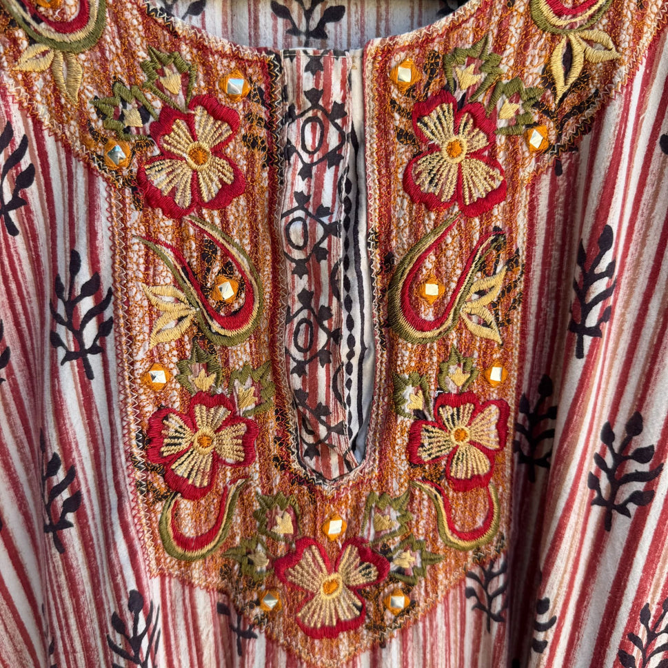 Vintage Embroidery Floral Striped Boho Festival Short Sleeve Kaftan Tunic Dress