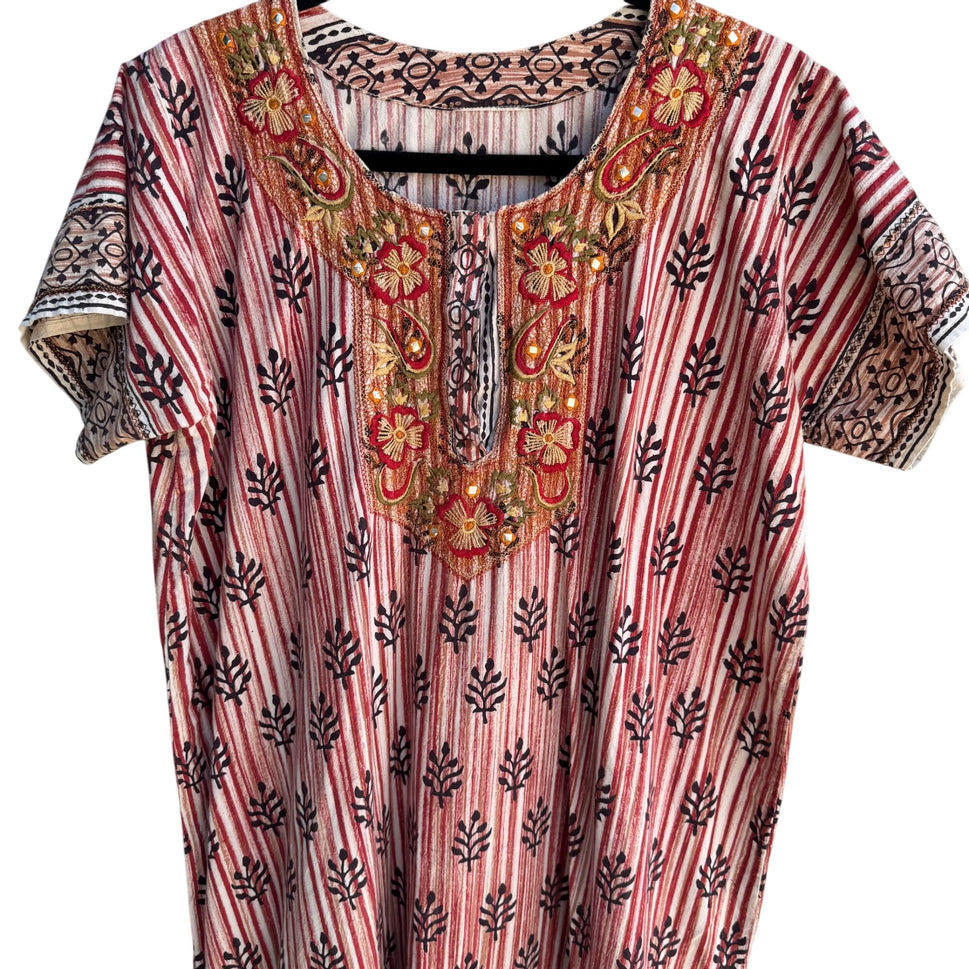 Vintage Embroidery Floral Striped Boho Festival Short Sleeve Kaftan Tunic Dress