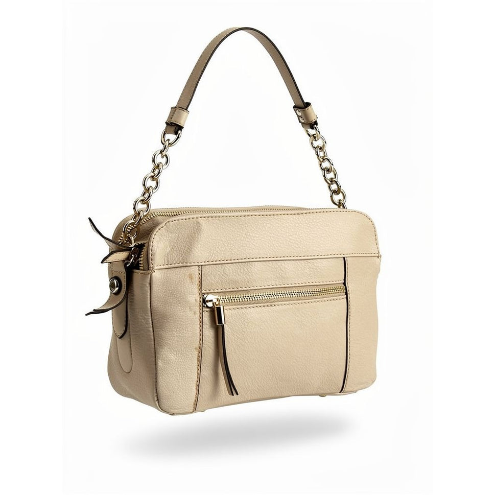 B Makowsky Beige Leather Shoulder Bag With Chain Strap & Gold Hardware
