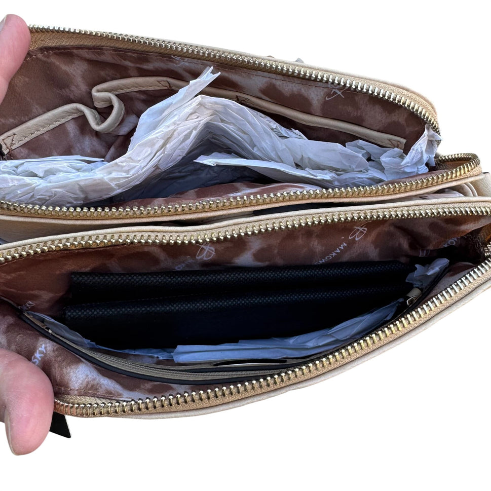 B Makowsky Beige Leather Shoulder Bag With Chain Strap & Gold Hardware