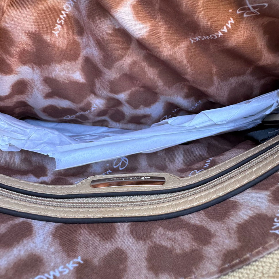 B Makowsky Beige Leather Shoulder Bag With Chain Strap & Gold Hardware