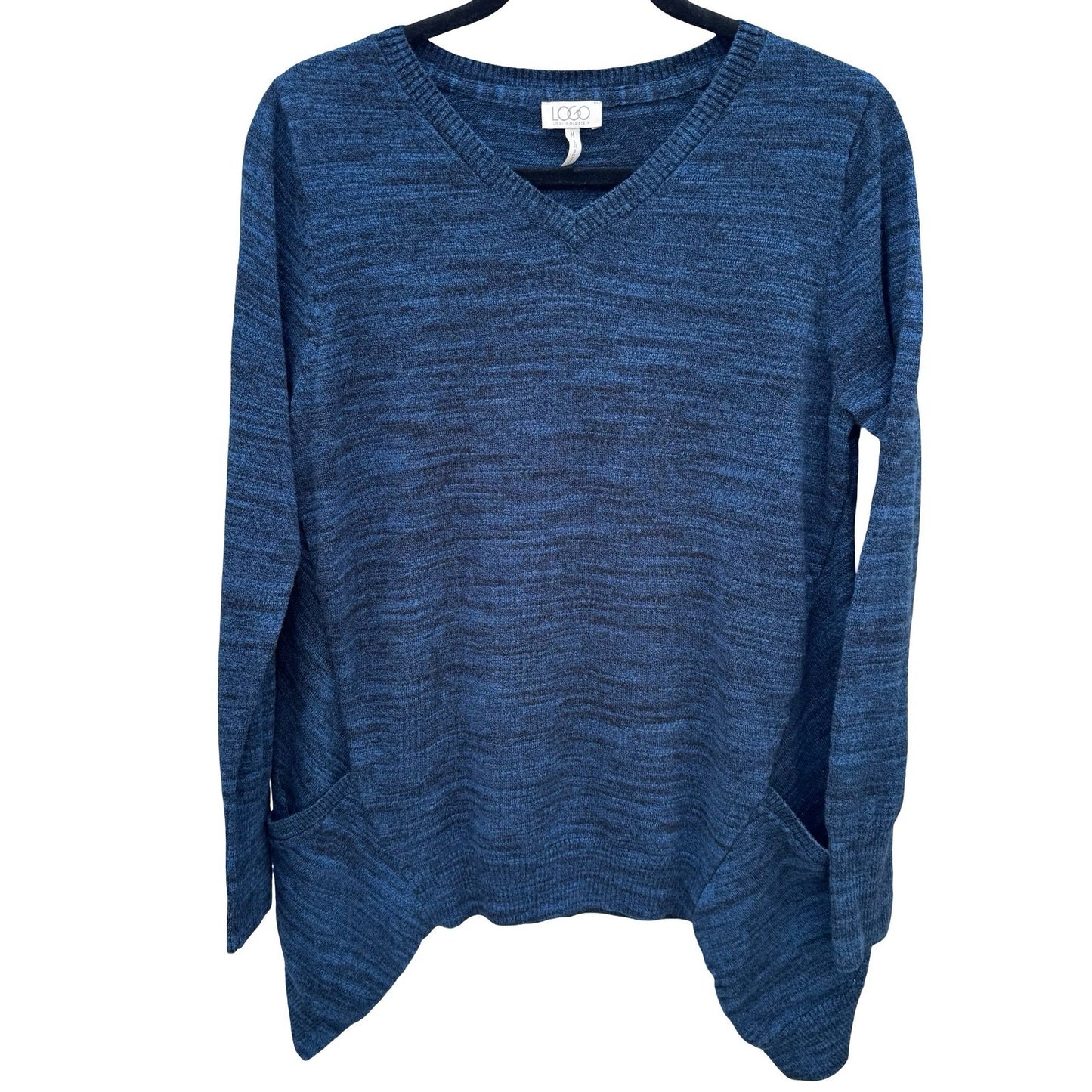 LOGO Lori Goldstein Womens Blue Marled V-Neck Sharkbite Hem Sweater Pockets M