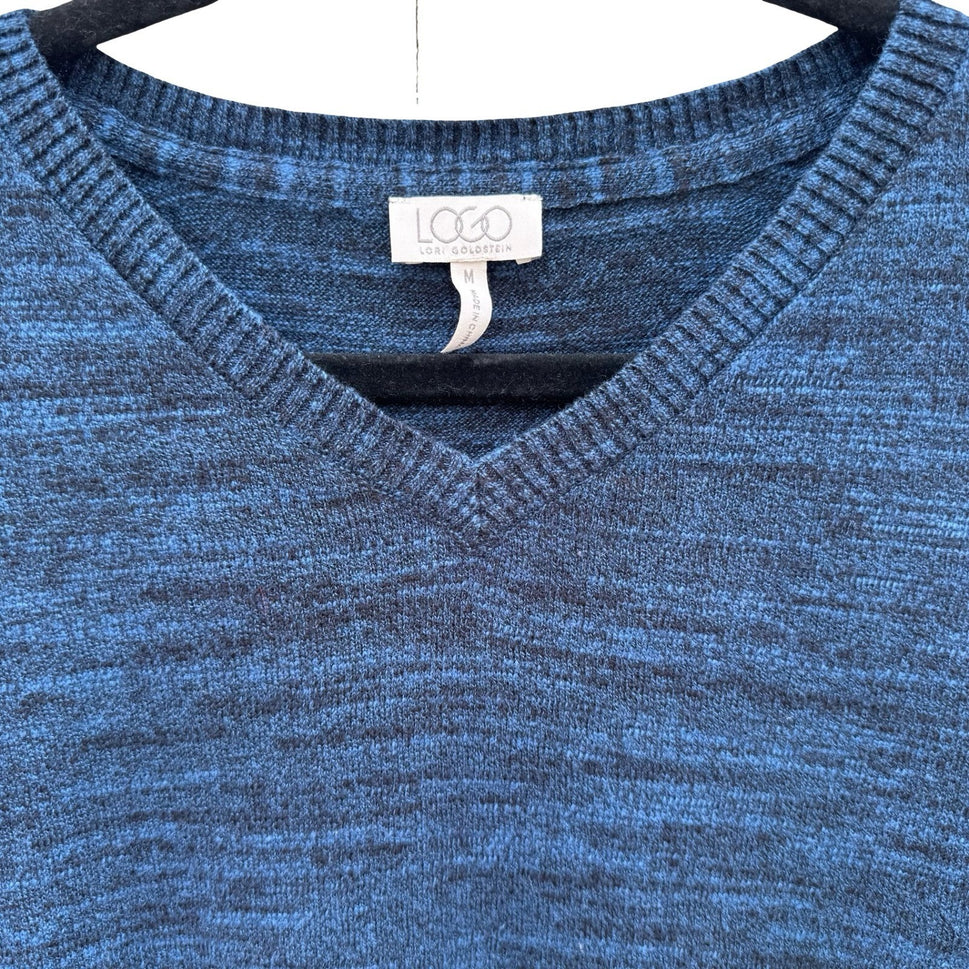 LOGO Lori Goldstein Womens Blue Marled V-Neck Sharkbite Hem Sweater Pockets M