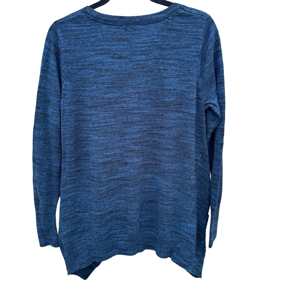 LOGO Lori Goldstein Womens Blue Marled V-Neck Sharkbite Hem Sweater Pockets M