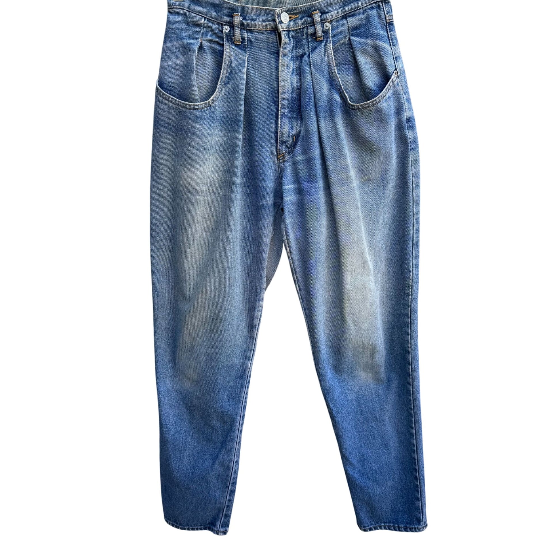 Freego Vintage 80s Womens High-Waisted Pleated Light Blue Worn Denim Jeans 28x31