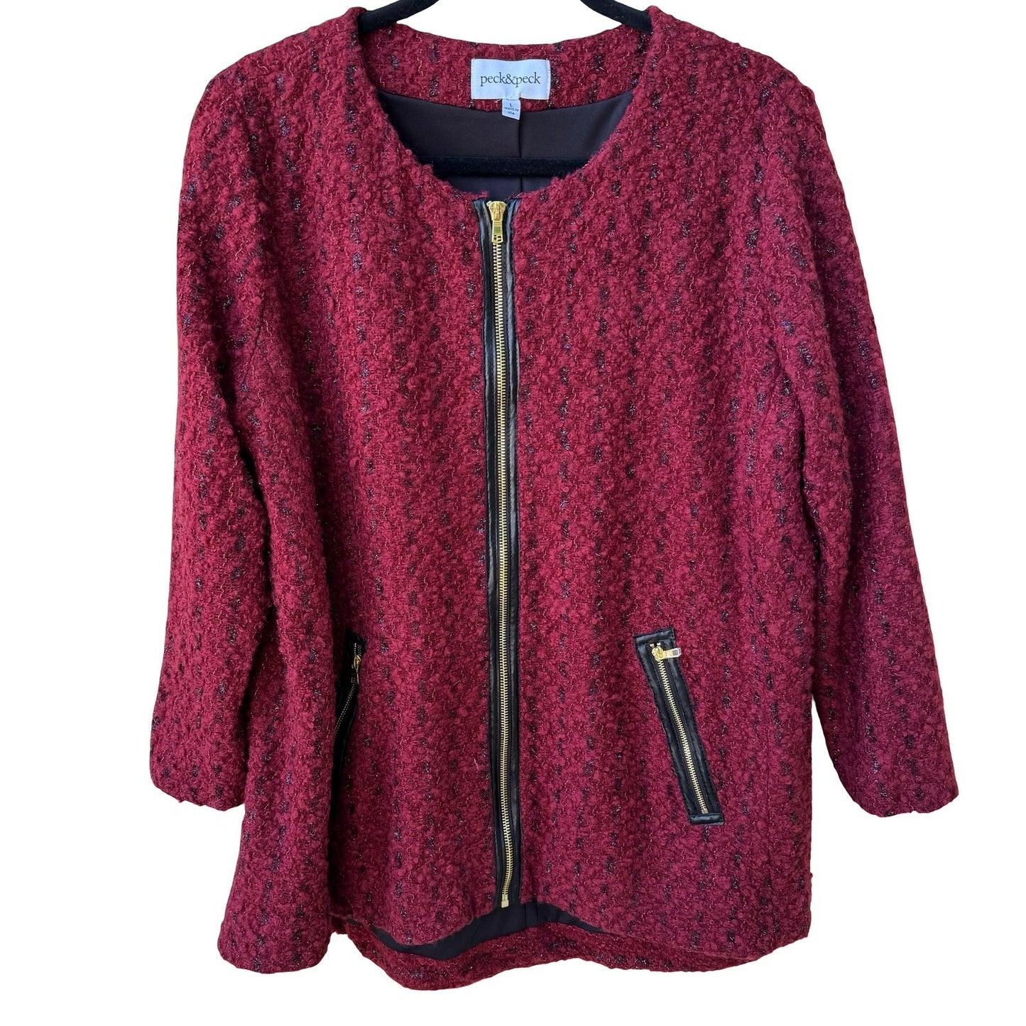 Peck & Peck Twee Quiet Luxury Bouclé Wool Blend Zip Jacket Faux Leather Trim L