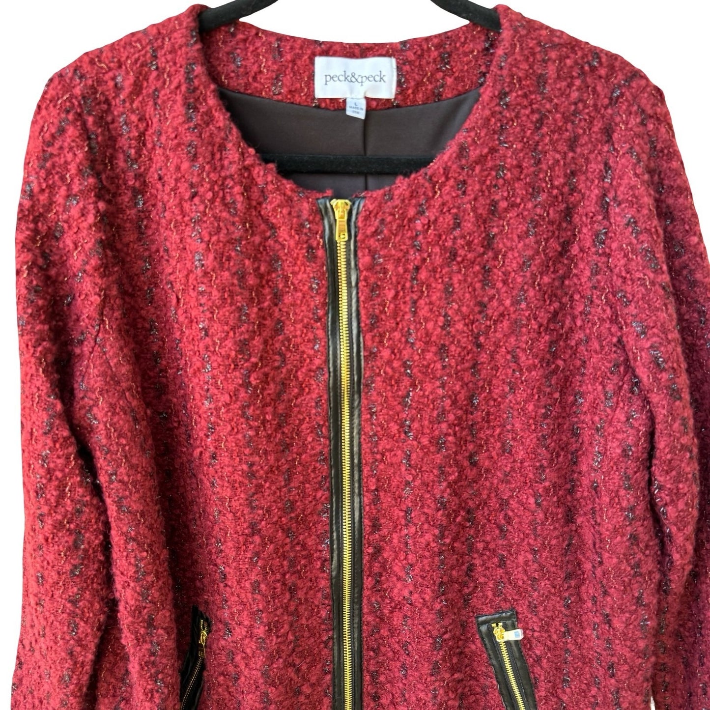 Peck & Peck Twee Quiet Luxury Bouclé Wool Blend Zip Jacket Faux Leather Trim L