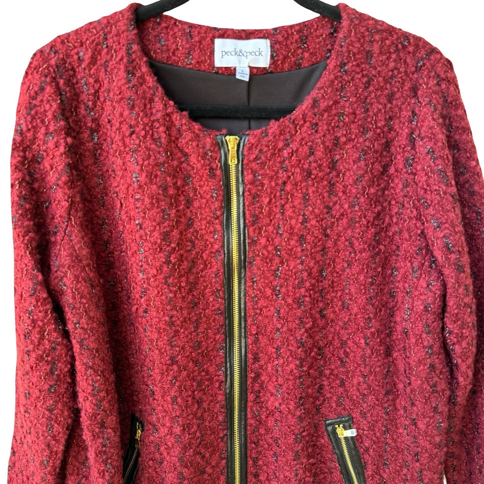 Peck & Peck Twee Quiet Luxury Bouclé Wool Blend Zip Jacket Faux Leather Trim L