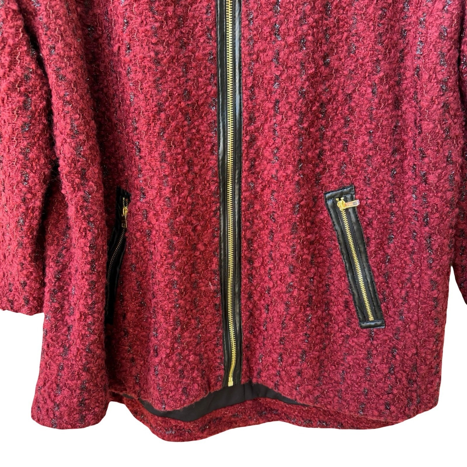 Peck & Peck Twee Quiet Luxury Bouclé Wool Blend Zip Jacket Faux Leather Trim L