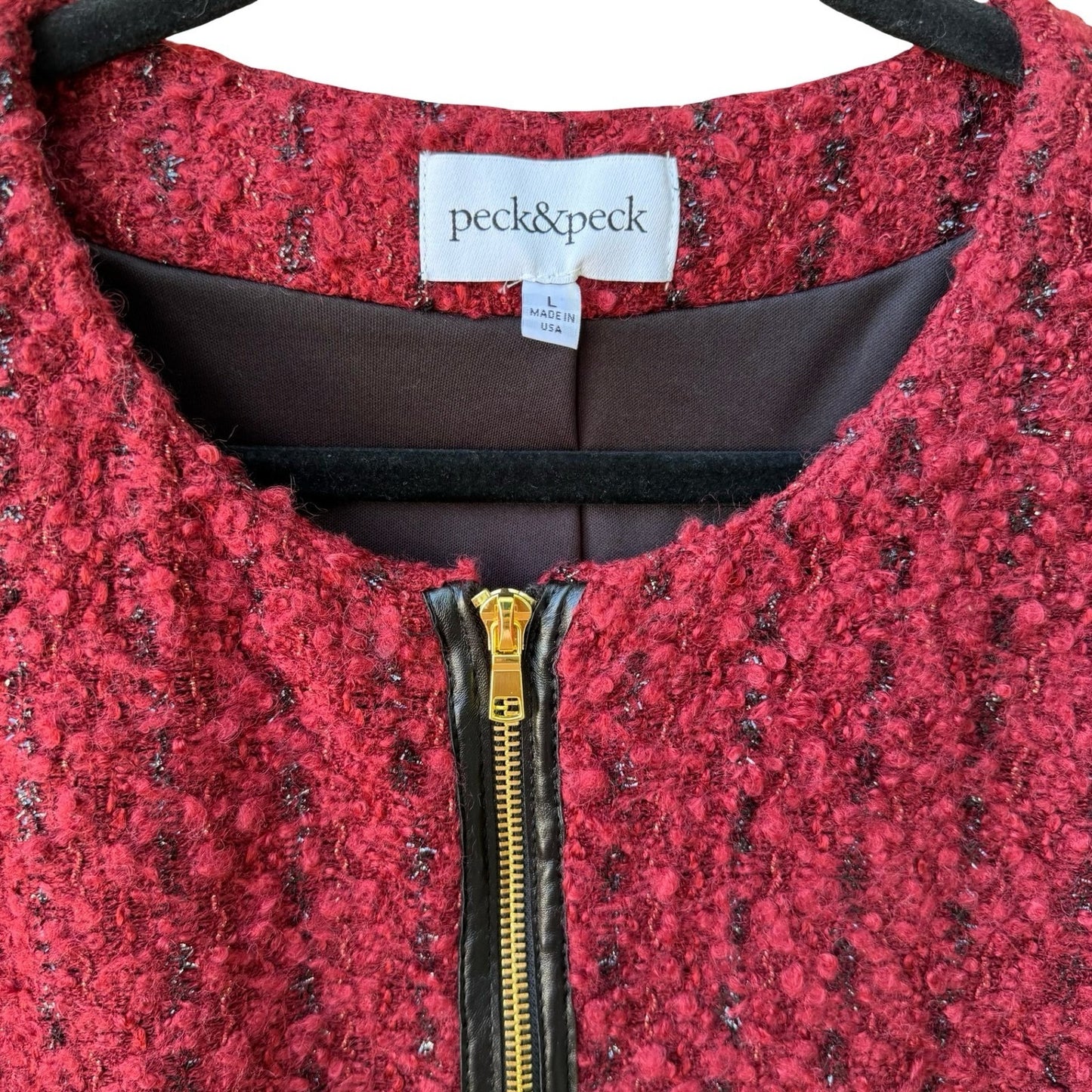 Peck & Peck Twee Quiet Luxury Bouclé Wool Blend Zip Jacket Faux Leather Trim L