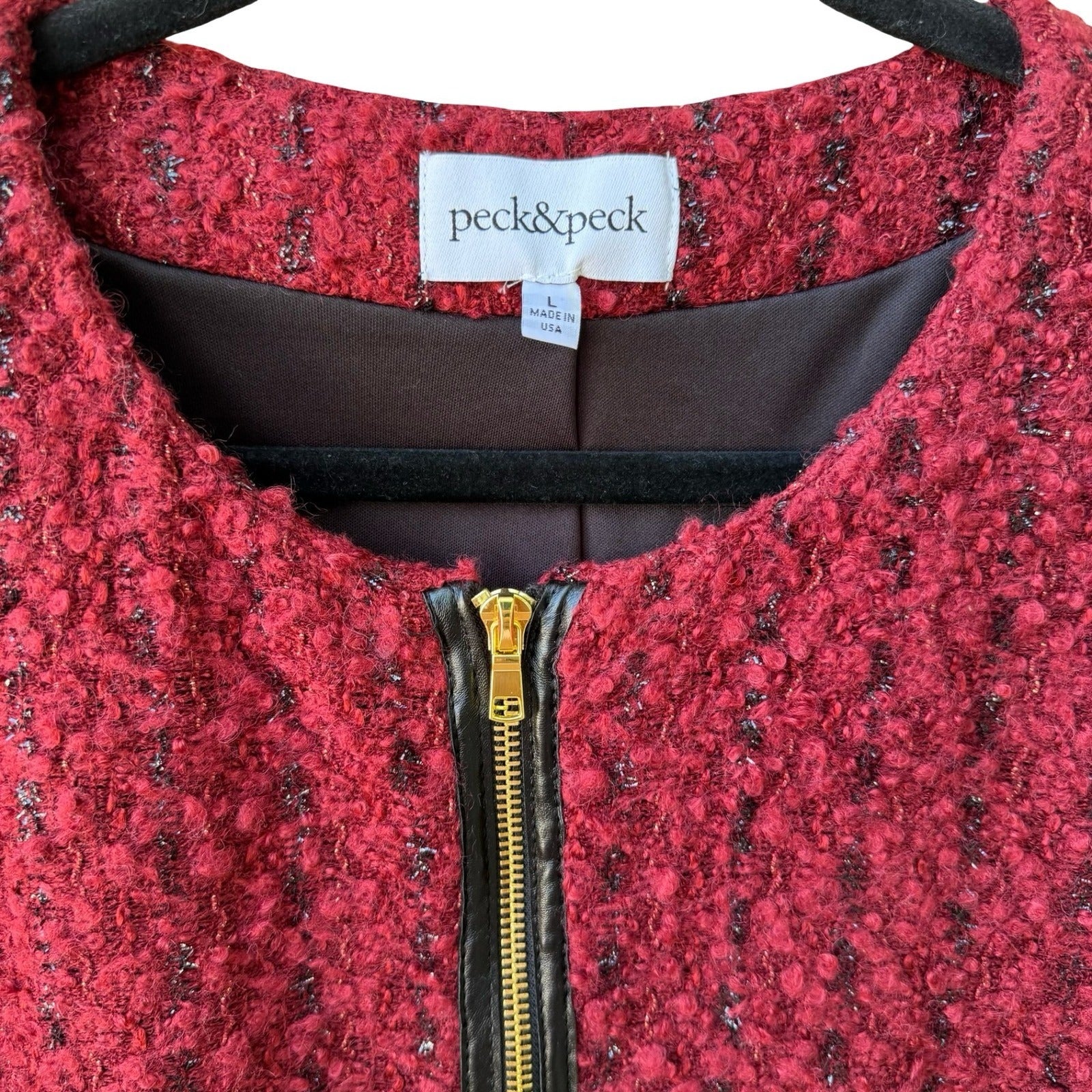 Peck & Peck Twee Quiet Luxury Bouclé Wool Blend Zip Jacket Faux Leather Trim L