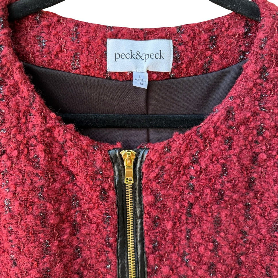 Peck & Peck Twee Quiet Luxury Bouclé Wool Blend Zip Jacket Faux Leather Trim L