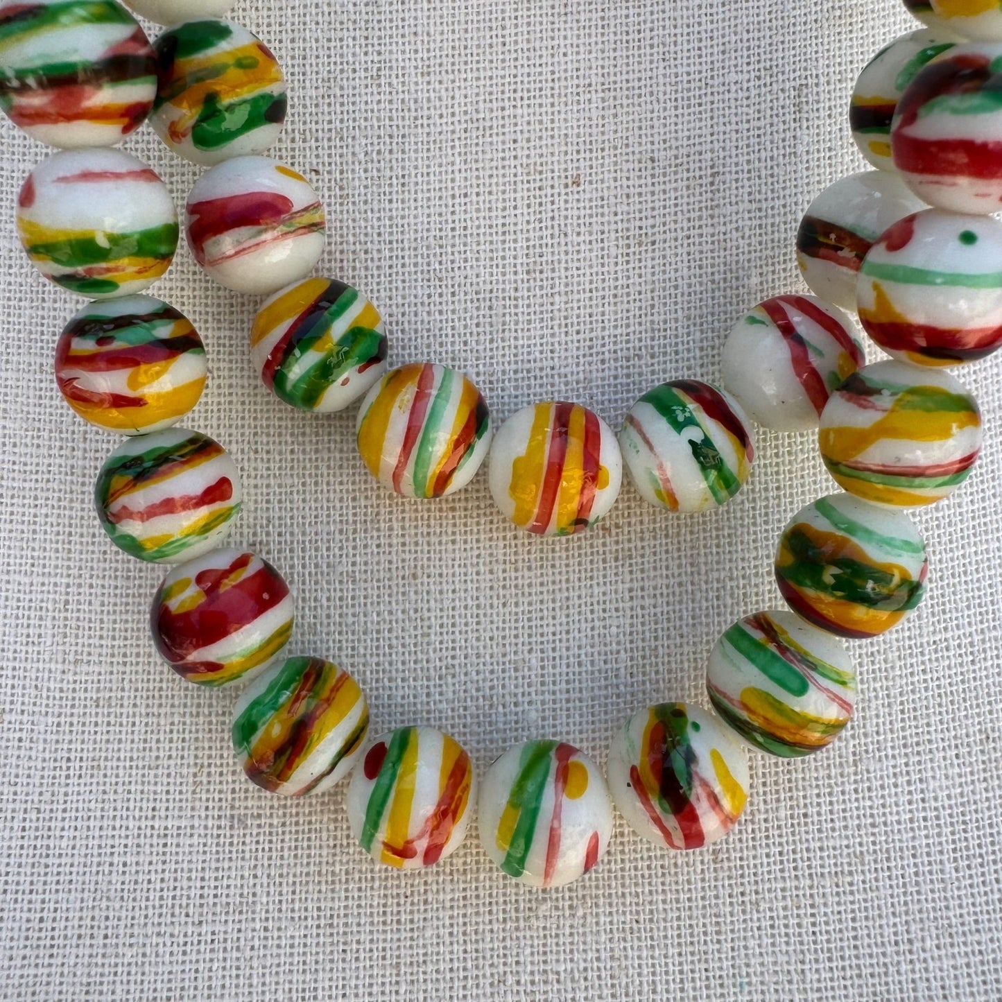 Hand Painted Striped Glass Bead Necklace Yellow Tassel Chinese Knot Multicolor