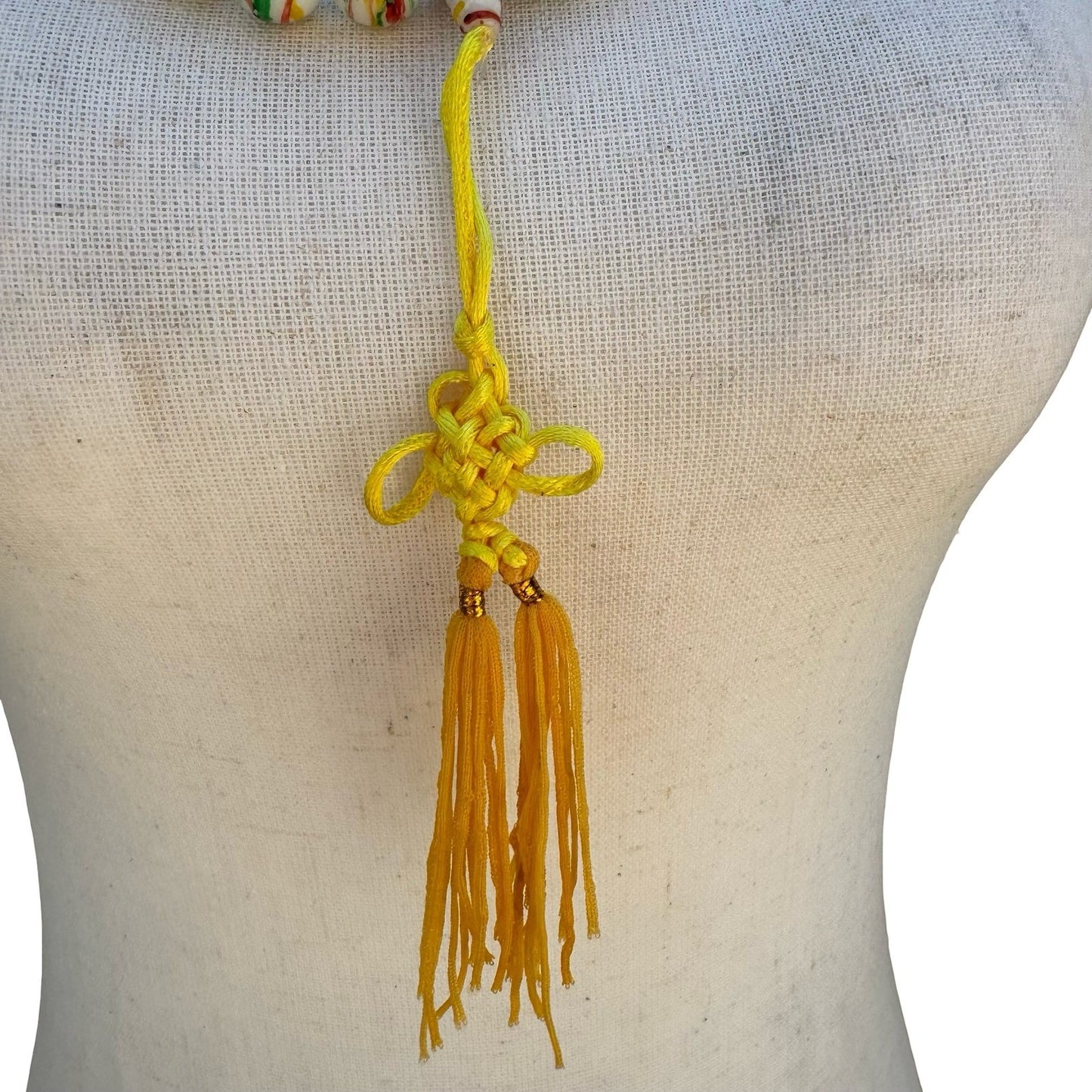 Hand Painted Striped Glass Bead Necklace Yellow Tassel Chinese Knot Multicolor