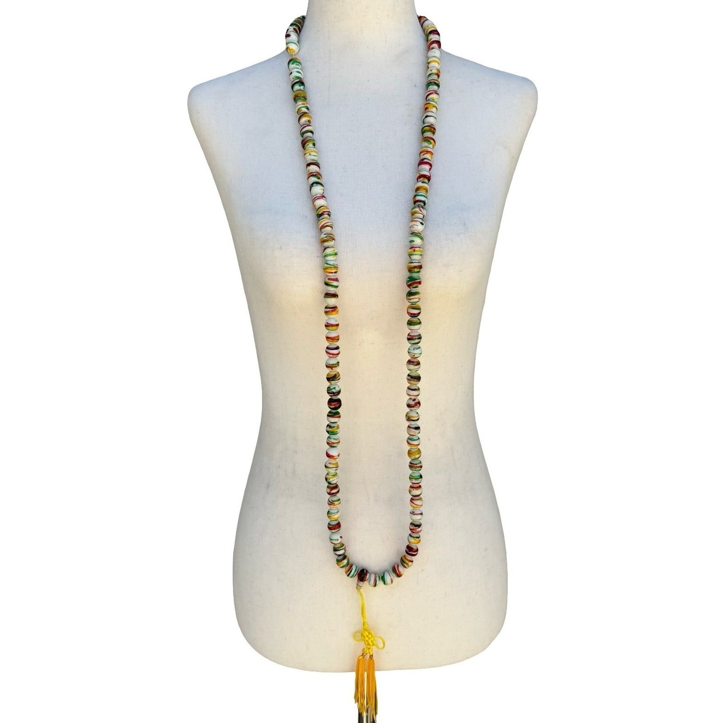 Hand Painted Striped Glass Bead Necklace Yellow Tassel Chinese Knot Multicolor