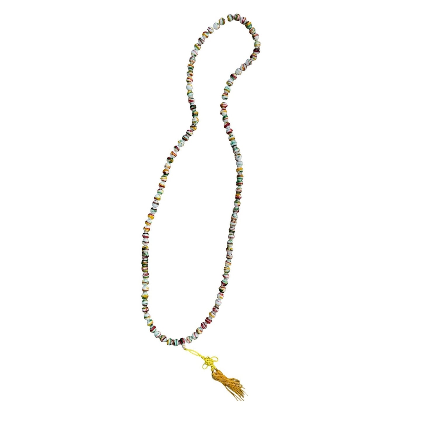 Hand Painted Striped Glass Bead Necklace Yellow Tassel Chinese Knot Multicolor