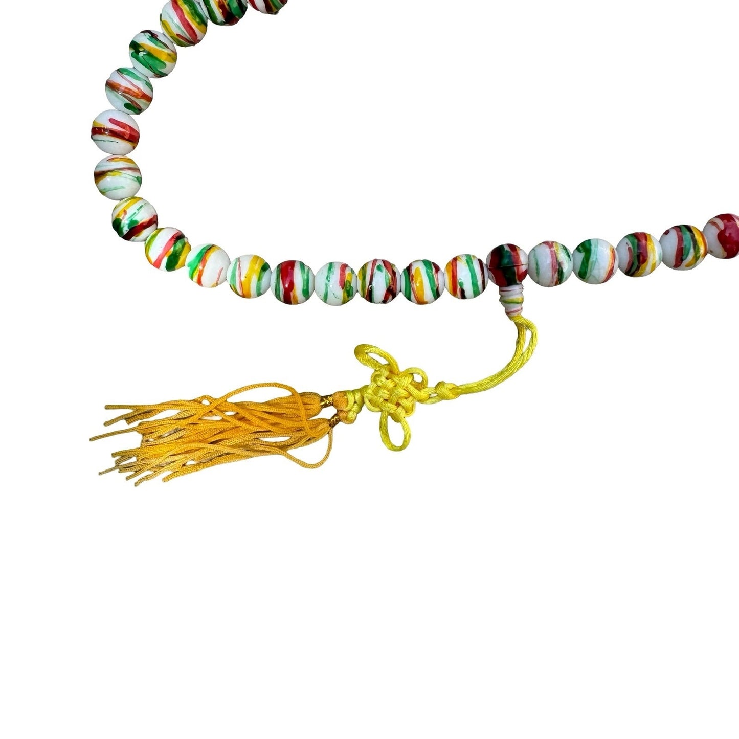 Hand Painted Striped Glass Bead Necklace Yellow Tassel Chinese Knot Multicolor