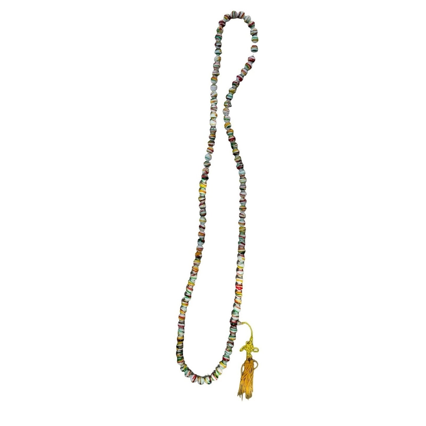 Hand Painted Striped Glass Bead Necklace Yellow Tassel Chinese Knot Multicolor