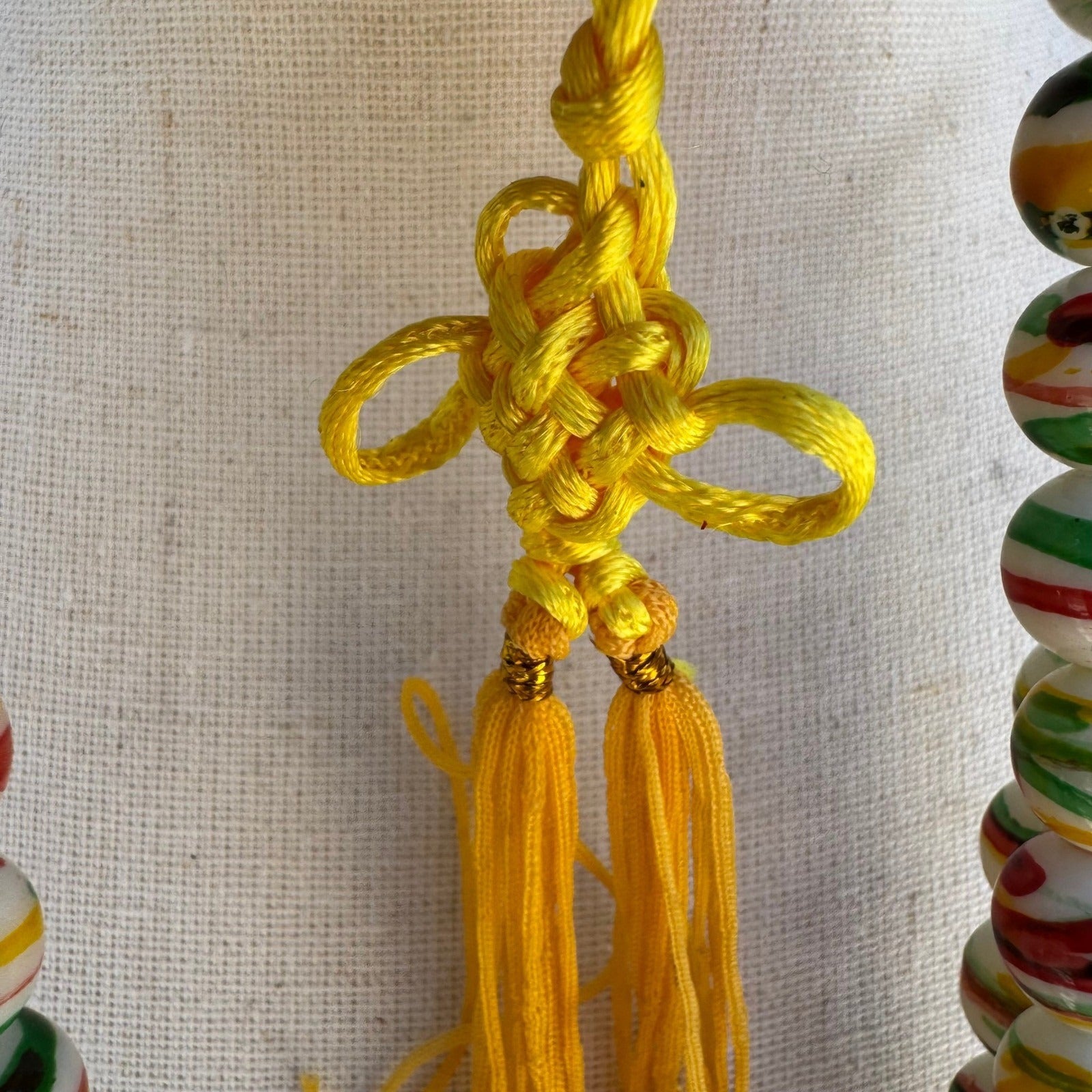 Hand Painted Striped Glass Bead Necklace Yellow Tassel Chinese Knot Multicolor
