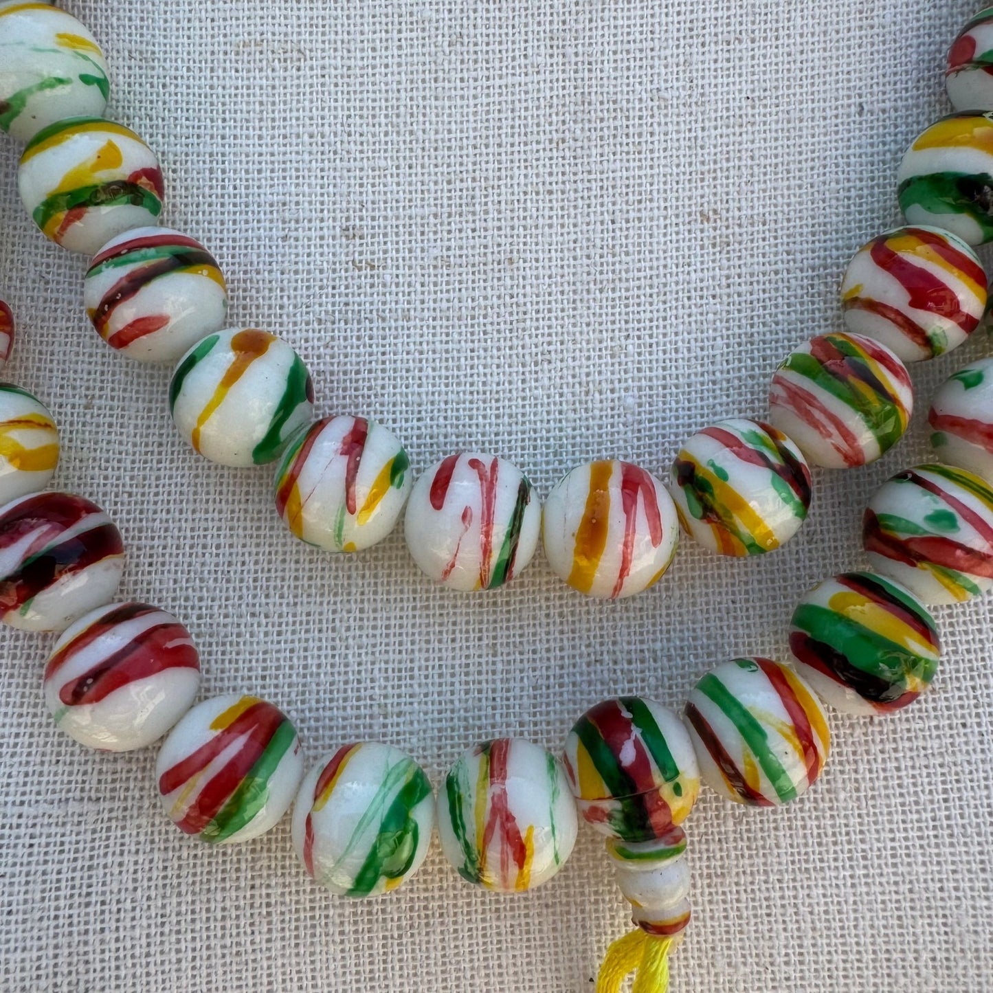 Hand Painted Striped Glass Bead Necklace Yellow Tassel Chinese Knot Multicolor