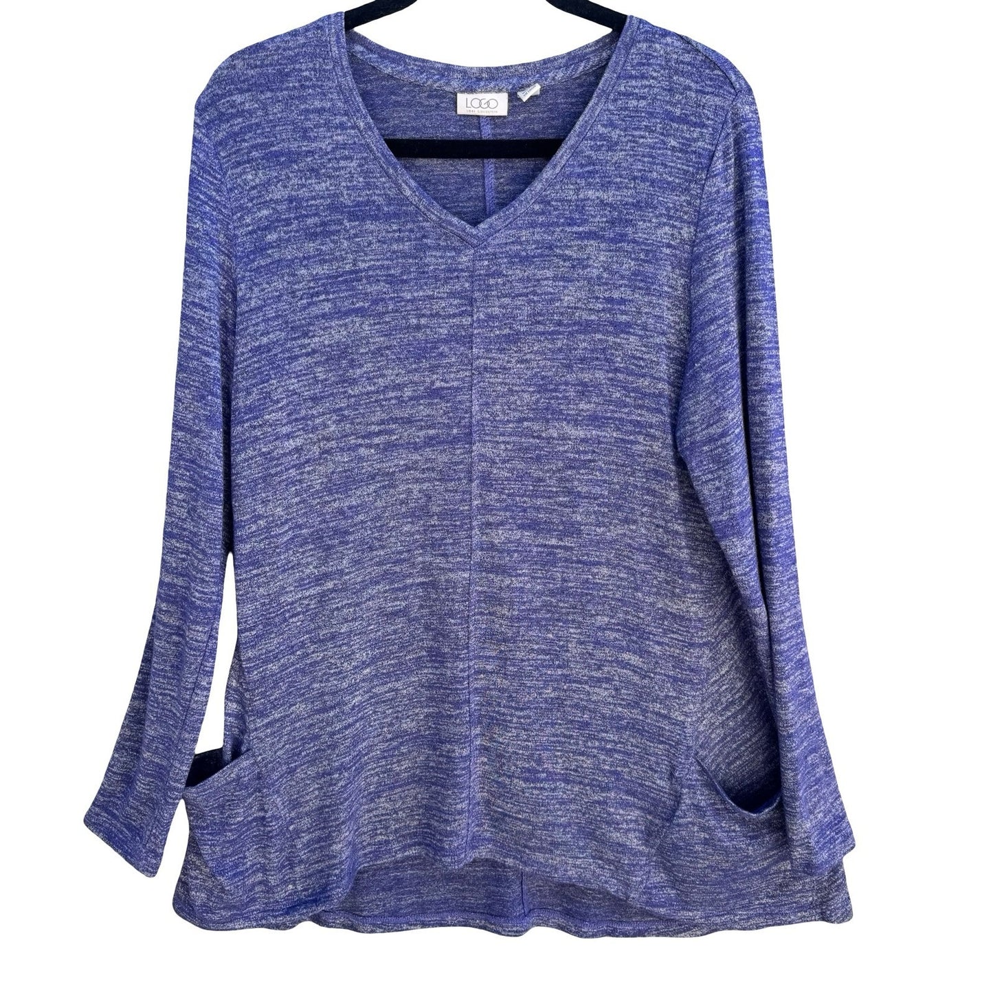 LOGO Lori Goldstein Purple Marled Knit V-Neck Tunic Top Lagenlook Loungewear M