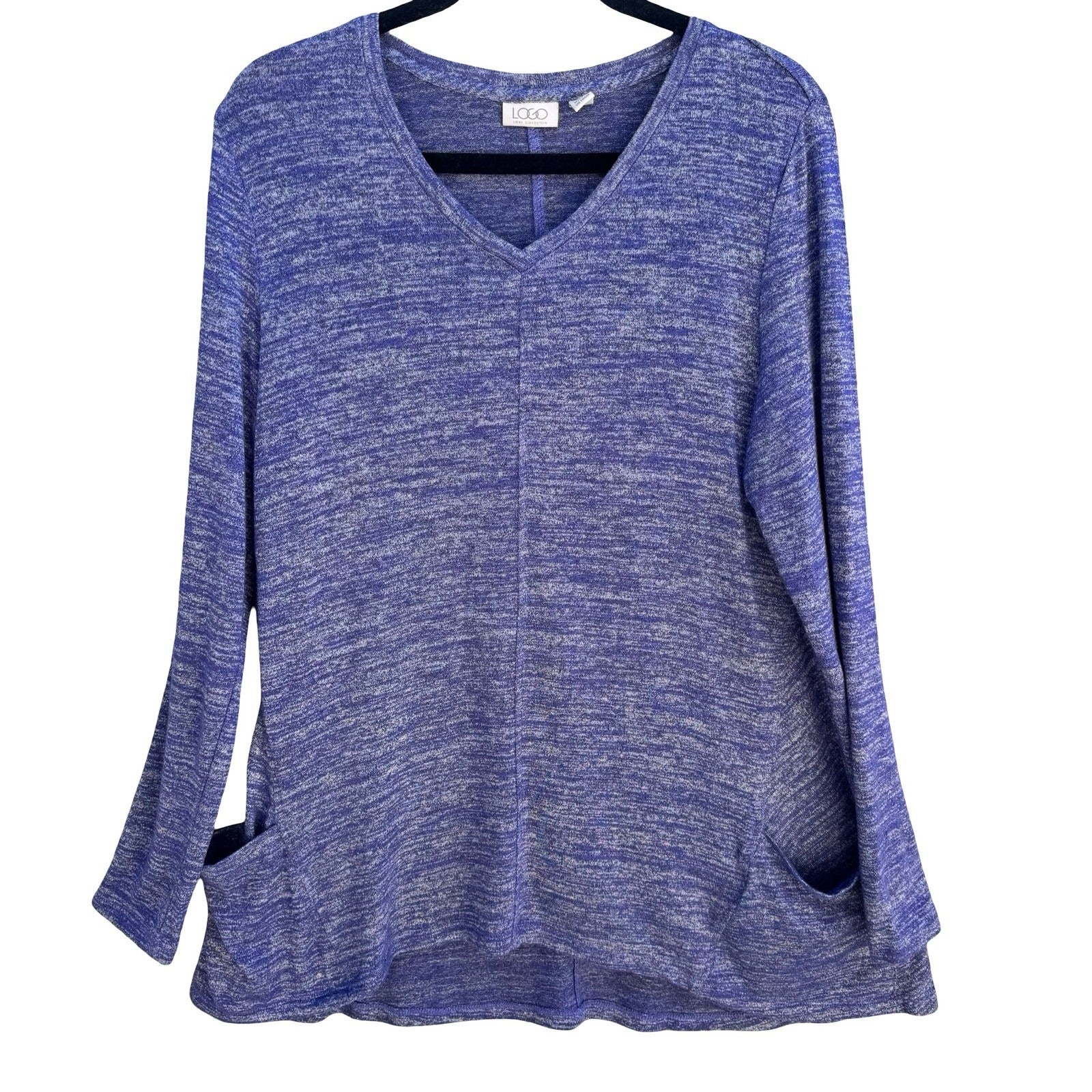 LOGO Lori Goldstein Purple Marled Knit V-Neck Tunic Top Lagenlook Loungewear M
