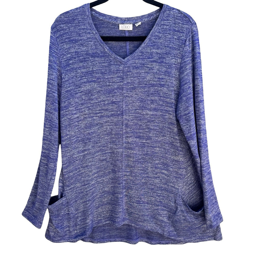 LOGO Lori Goldstein Purple Marled Knit V-Neck Tunic Top Lagenlook Loungewear M