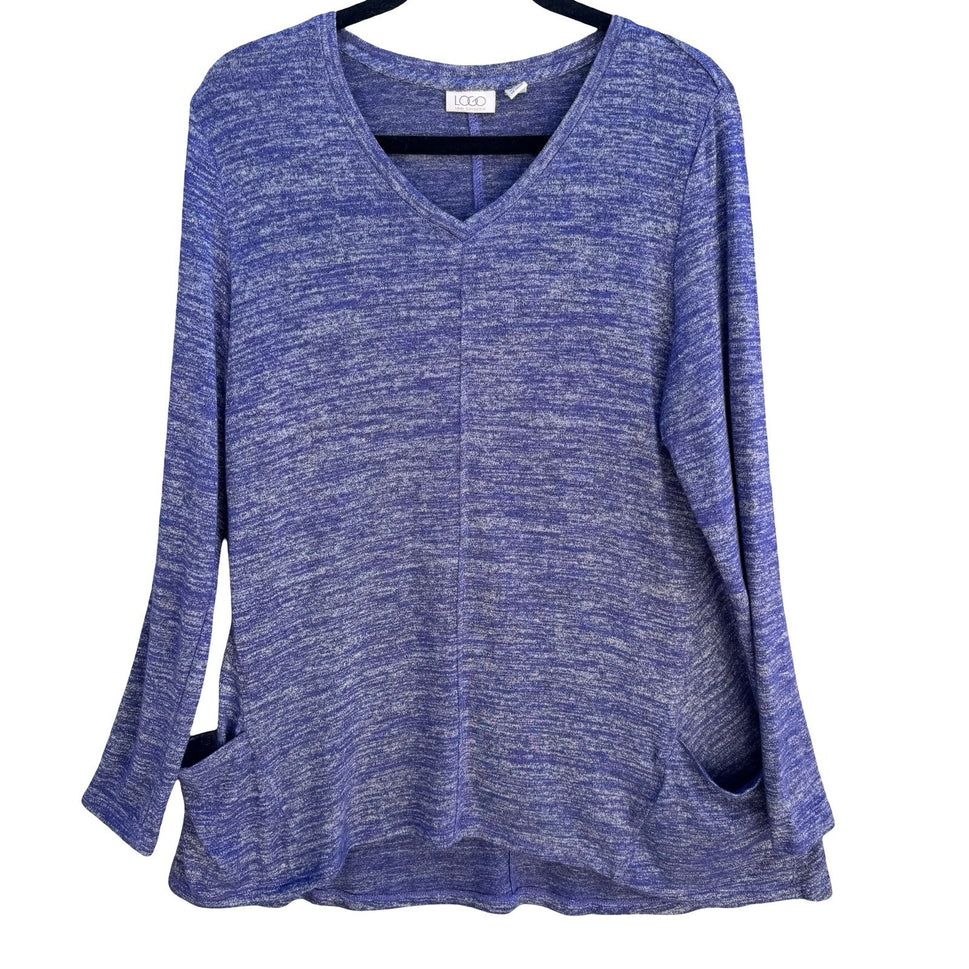 LOGO Lori Goldstein Purple Marled Knit V-Neck Tunic Top Lagenlook Loungewear M
