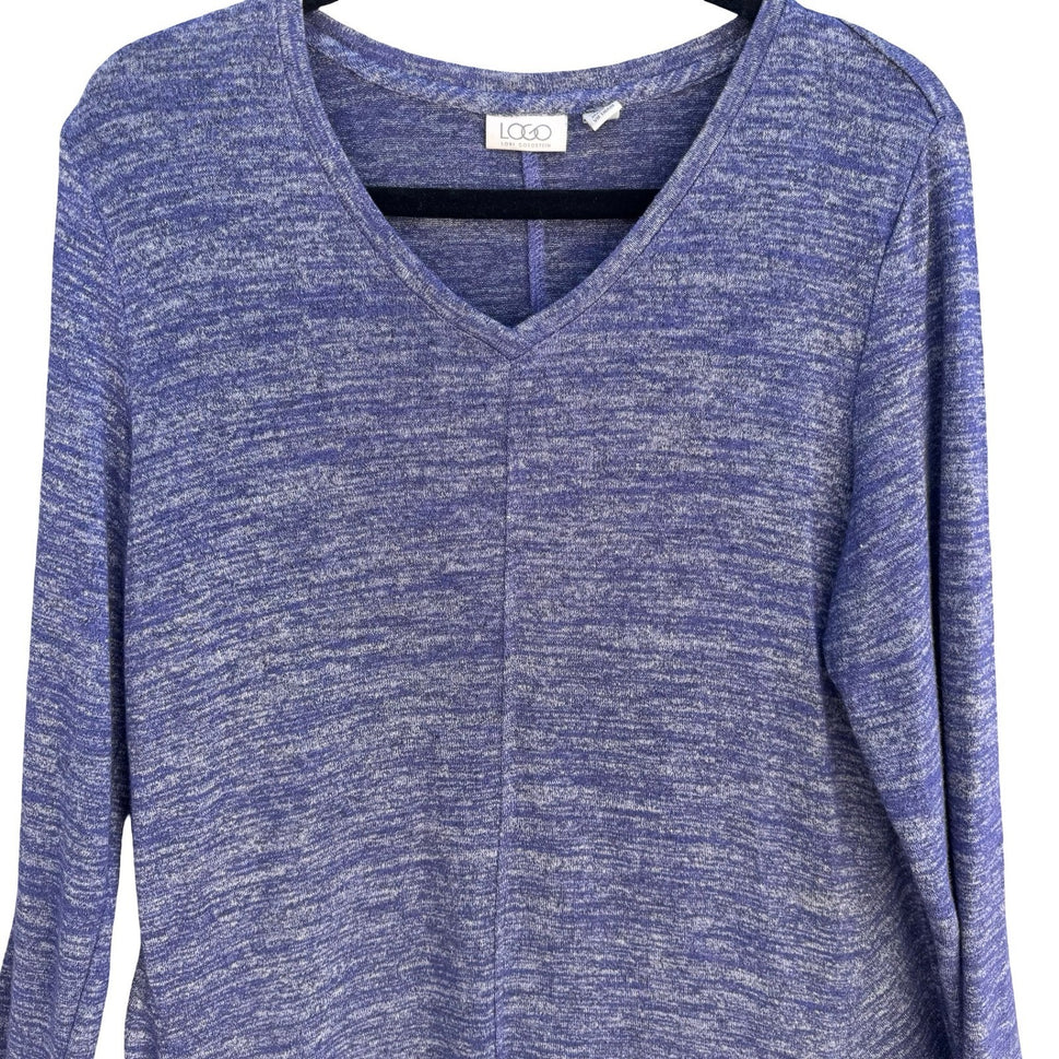 LOGO Lori Goldstein Purple Marled Knit V-Neck Tunic Top Lagenlook Loungewear M