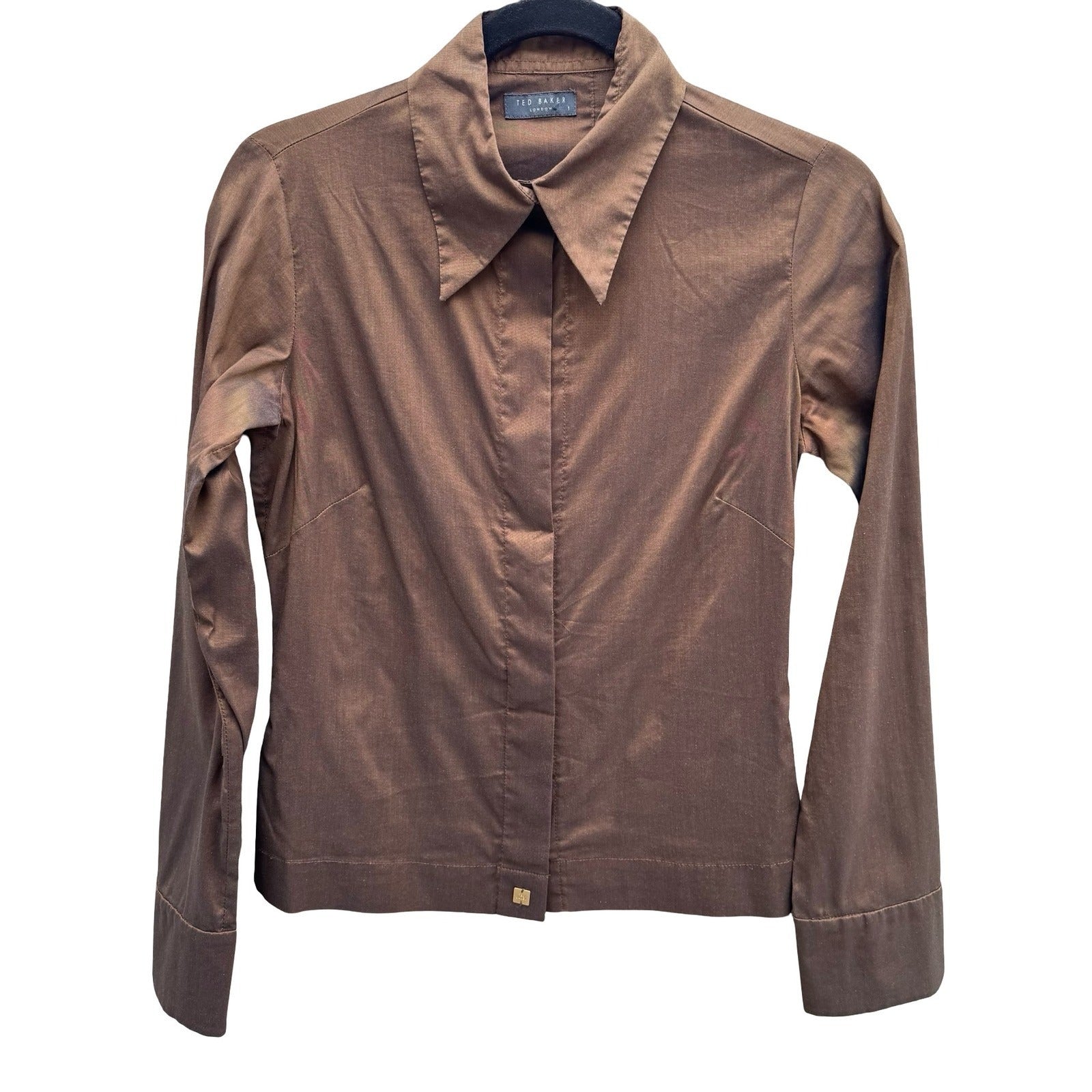 Ted Baker London Minimalist Brown Iridescent Hidden Button Shirt Tailored Chic S