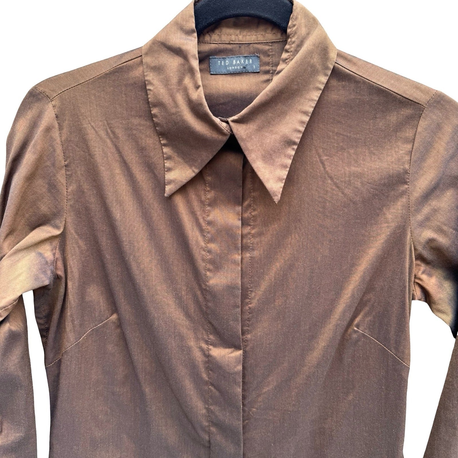 Ted Baker London Minimalist Brown Iridescent Hidden Button Shirt Tailored Chic S