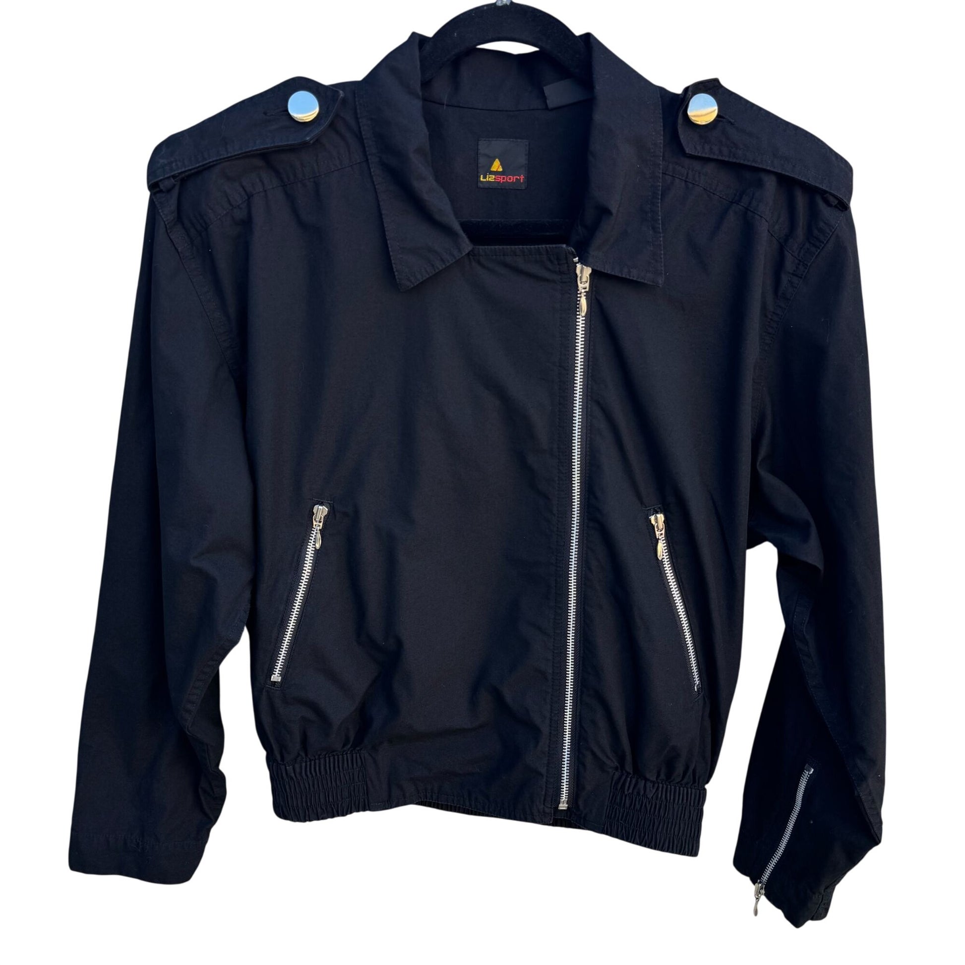 Lizsport Vintage Black Cropped Bomber Biker Jacket Zippers Oversized Epaulets L