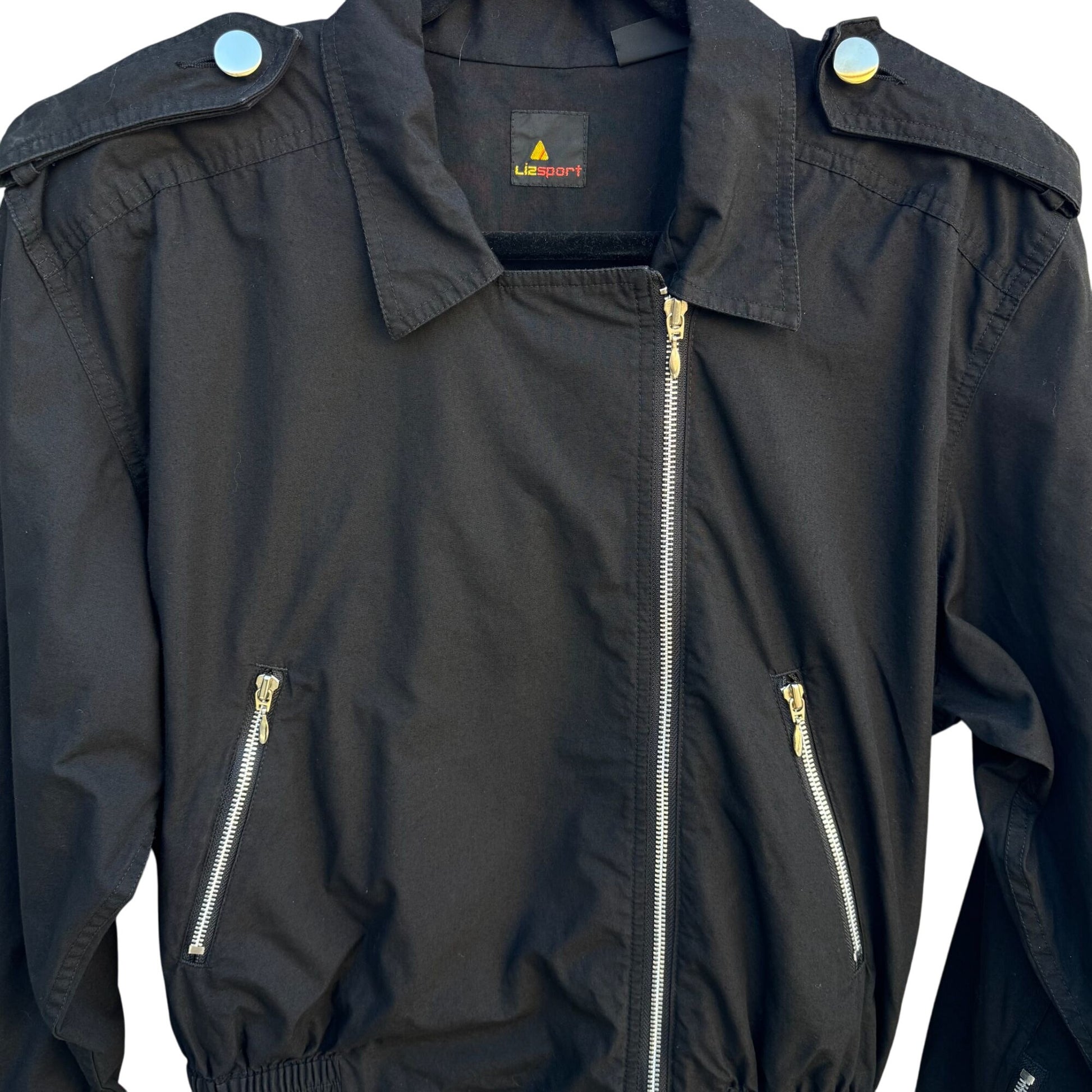 Lizsport Vintage Black Cropped Bomber Biker Jacket Zippers Oversized Epaulets L